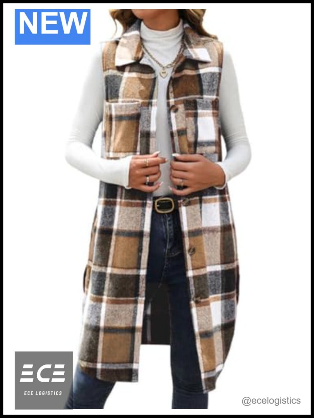 Long Plaid Vest for Women Sleeveless Button Front Casual Jacket